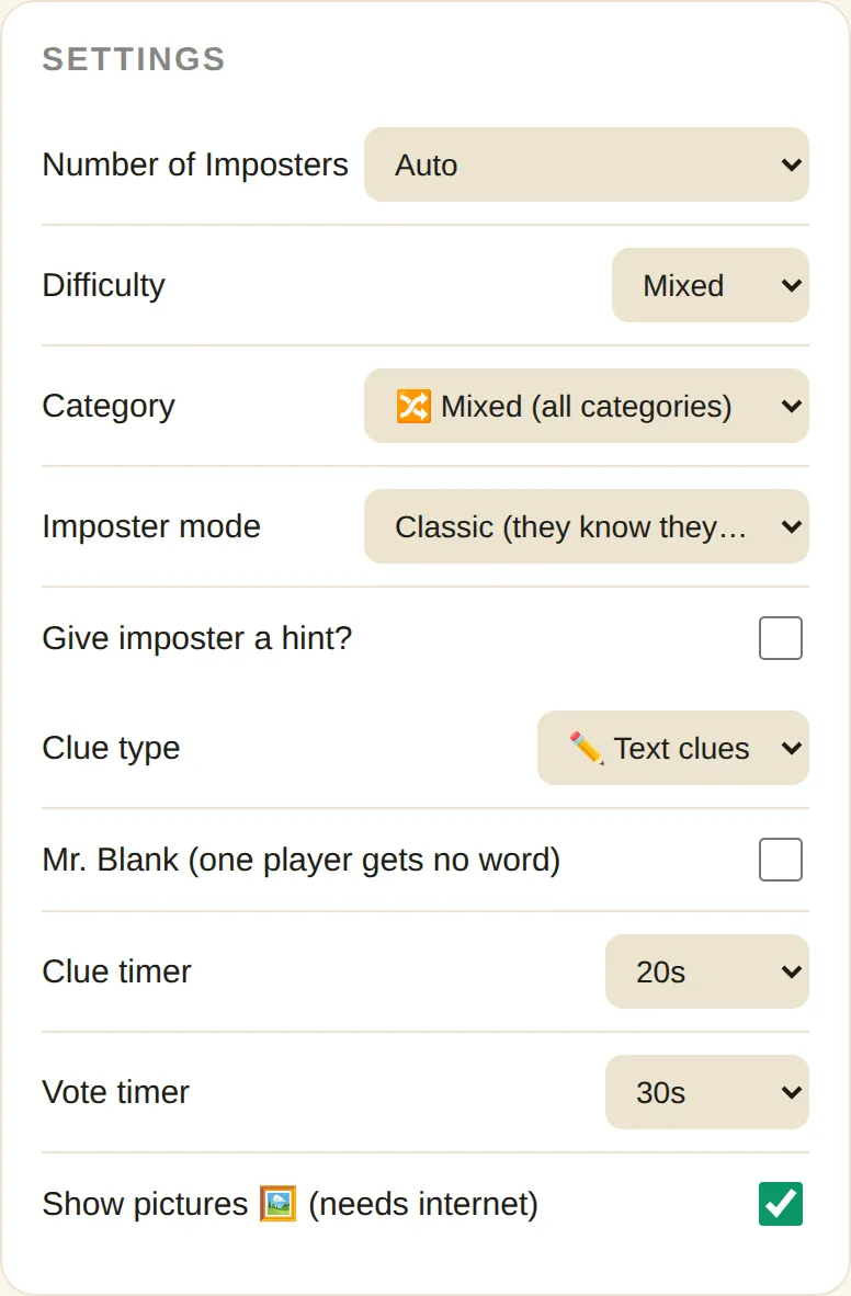 Create room screen for the imposter game online with settings for imposters, difficulty, category, clue type and timers