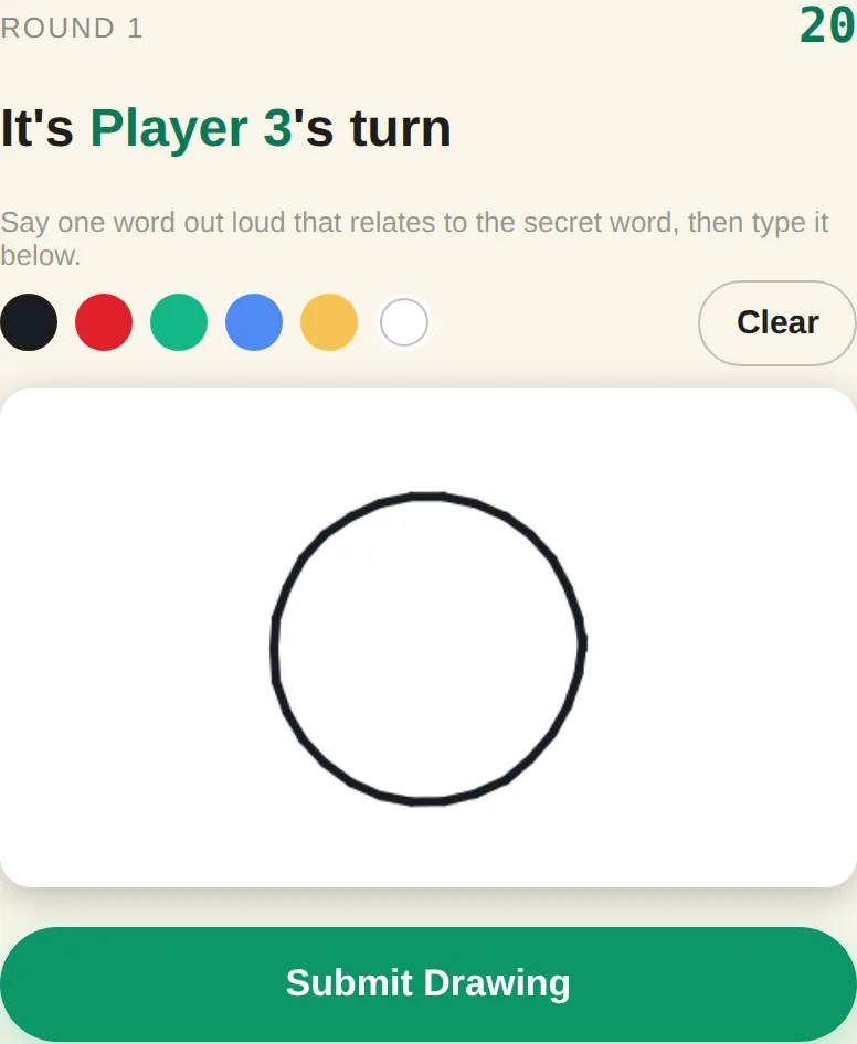 Drawing clue canvas with a color palette in the imposter word game, shown during a player turn