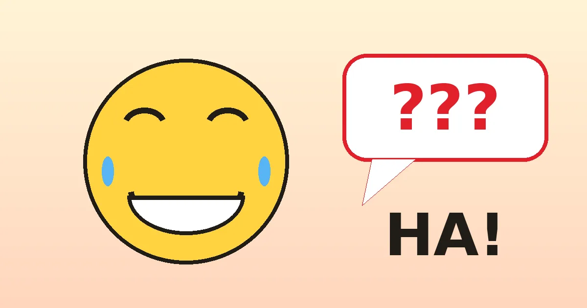 Cartoon laughing face and a question-mark speech bubble illustrating funny imposter game words