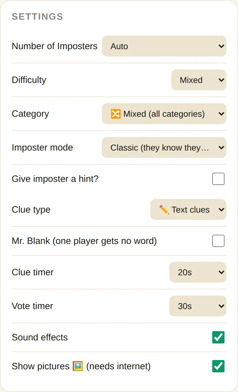 Settings panel of the imposter game generator with imposter count, difficulty, category, Sneaky mode, hints, clue type and timers