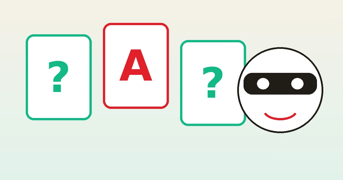 Question-mark word cards and a masked face illustrating imposter game words