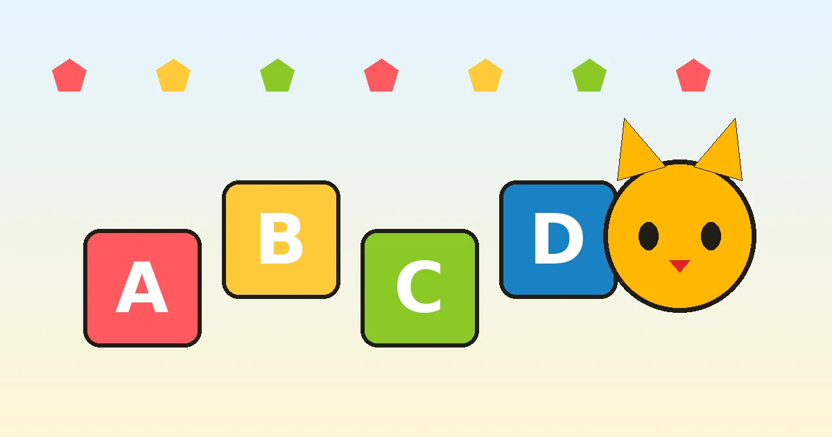 Colorful alphabet blocks and a cartoon cat illustrating imposter game words for kids