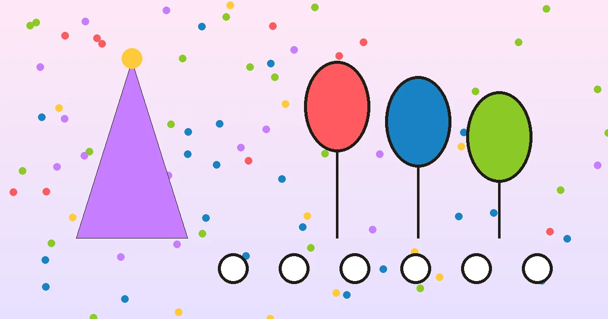 Confetti, party hat and balloons illustrating imposter game words for parties