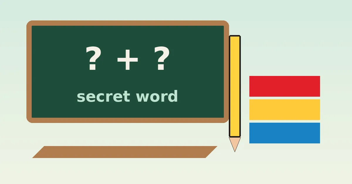 Chalkboard with question marks and secret word text illustrating imposter game words for school