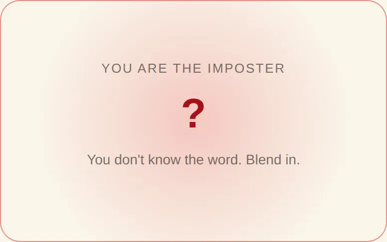 Imposter role card in the secret word imposter game with a question mark instead of the word