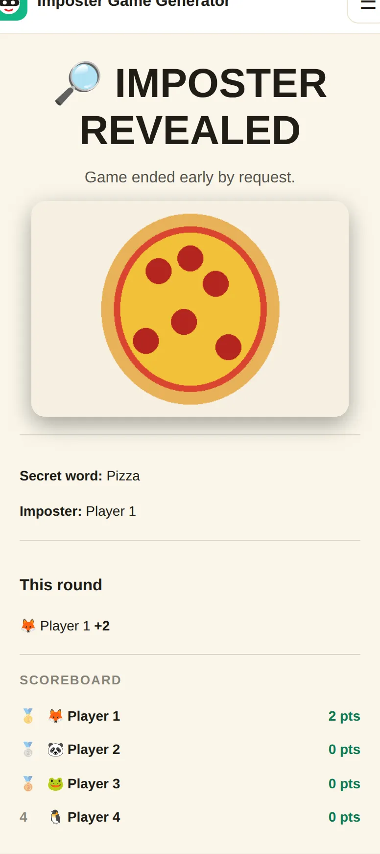 Scoreboard and results screen from the imposter game showing the secret word, the Imposter and points for each player