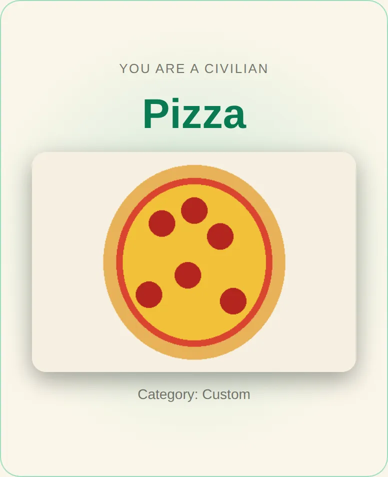 Role card in the imposter game generator showing the secret word Pizza with a picture of the word for civilians